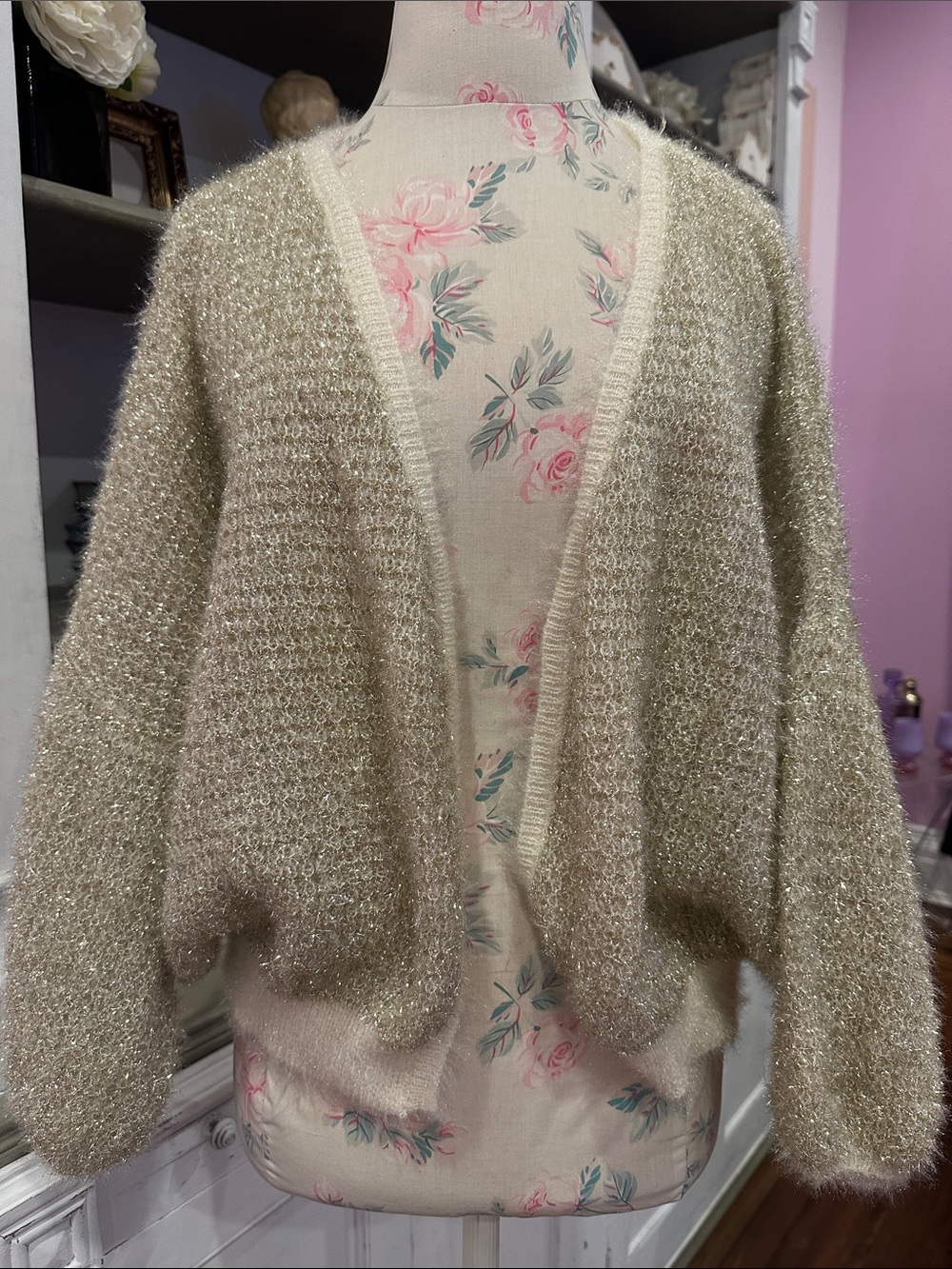 Anthropologie Jamila Sparkle Open-Front Cardigan in Light Gold